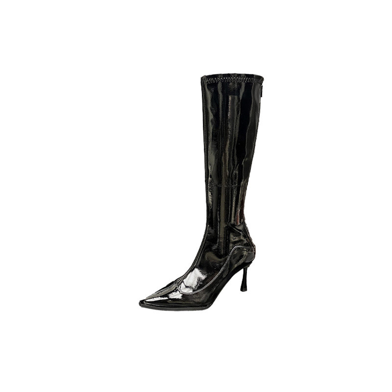Kd Nhưng Giày Bốt Đầu Gối Nữ Mũi Vuông Stiletto Giữa Ống Giày Bốt Thu Đông Phong Cách Mới Giày Cao Cấp Burgundy Giày Da Sáng Chế