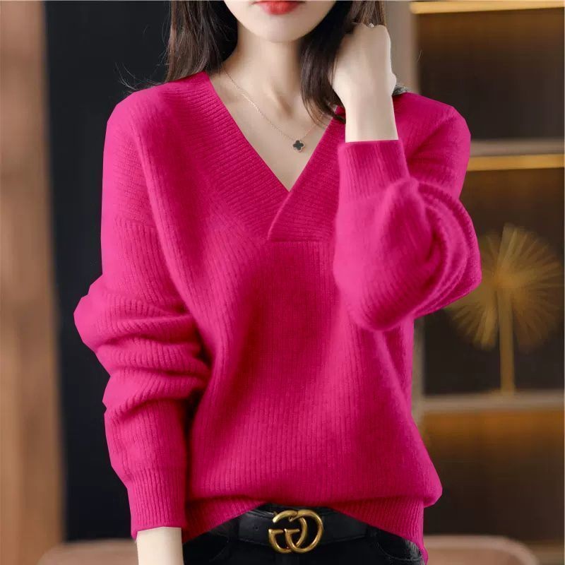Mặc Bên Ngoài Thu Đông Màu Trơn Cổ Chữ V Áo Len Nữ Rời Ôm Hơn Nhìn Dệt Kim Chui Đầu