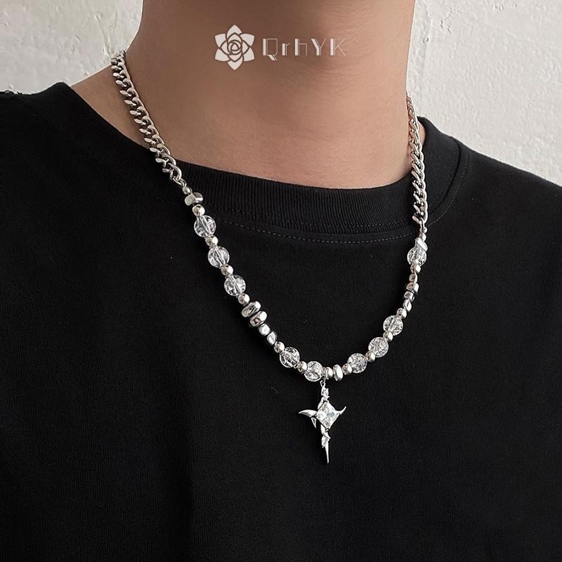 Qrhyk Cao Cấp Cá Tính Titan Thép Vòng Cổ Không Đều Đá Kim Loại Đá Nứt Chéo Vòng Cổ Xương Đòn Dây Chuyền Mới