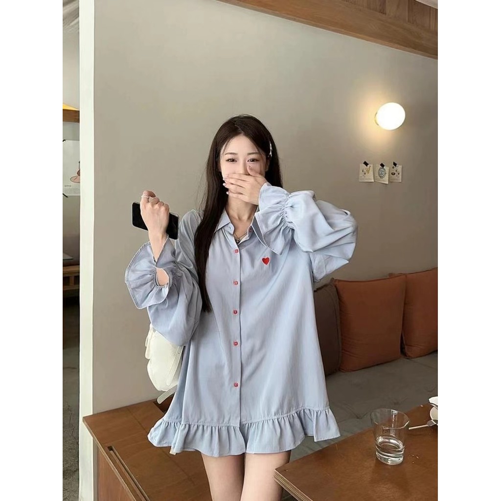 Suxi Pháp Retro Rời Mới Thường Ngày Mùa Thu Tình Yêu Thêu Lá Sen Edge Áo Dài Tay Nữ Top 241002