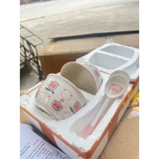 Set 2 bát ăn cơm sứ hình bò sữa cute kèm thìa - chén hoạt hình dễ thương cho bé kèm 2 thìa