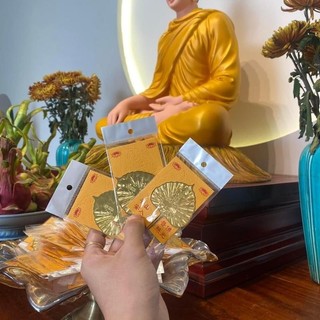 [Tặng Bao Lì Xì Lộc] Lá Bồ Đề Mạ Vàng - Mặt Trước Hoa Sen Và Chữ Phúc - Mặt Sau Hình Phật May Mắn Bình An