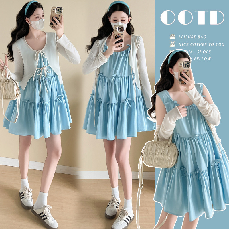 Bộ đồ bà bầu Áo khoác chống nắng mùa hè + Thiết kế Váy búp bê dáng rộng Bộ đồ hai mảnh