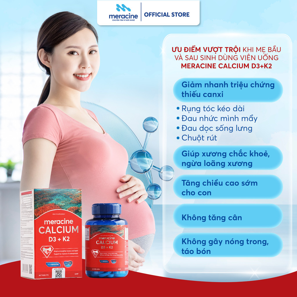 Canxi hữu cơ từ tảo biển đỏ Meracine Calcium D3K2 giúp xương, răng chắc khỏe, hỗ trợ phát triền chiều cao (Hộp 60 viên) | BigBuy360 - bigbuy360.vn