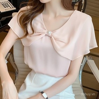 Mùa Hè 2025 Hàng Mới Về Nữ Áo Voan Tay Ngắn Có Nơ Chi Tiết Giảm Béo Và Mỏng Phong Cách Top