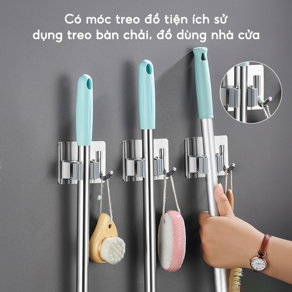 Móc treo cây lau nhà đa năng keo dán chịu lực Móc kẹp giữ chổi dán tường inox 304 chống gỉ