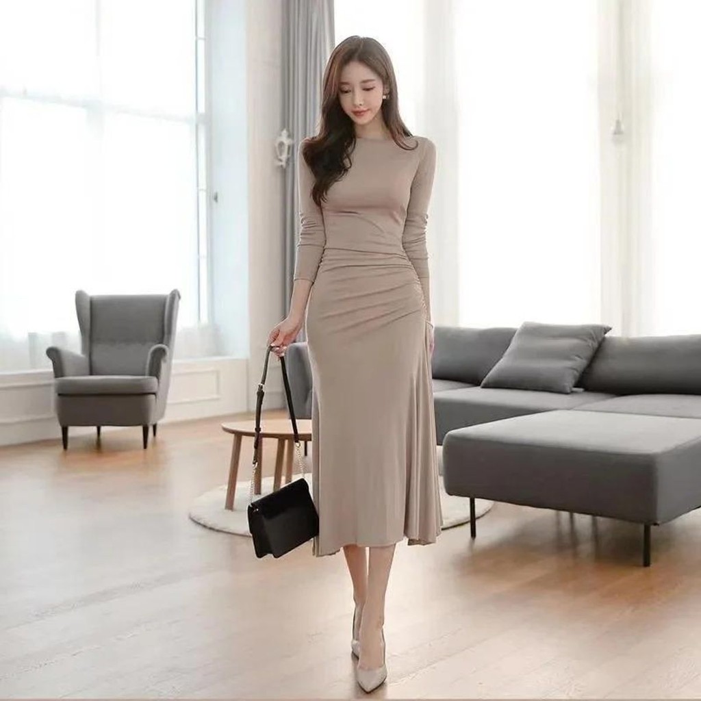 Váy Ôm Sát Trễ Vai Xếp Ly Bất Đối Xứng mới cho nữ mùa thu - Thanh Lịch, Thời Trang xã hội.