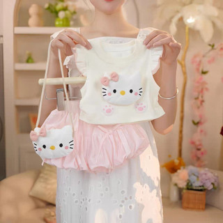 ((Túi miễn phí) Bé Gái KT Cat Tay Bay Dây Rút Tay Ngắn Ngọt Ngào Quần Mùa Hè Dễ Thương Cho Bé Phù Hợp Với