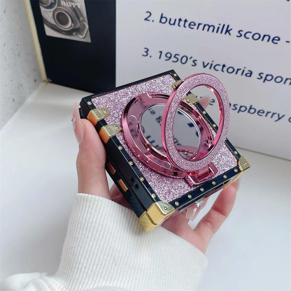 Mạ Bling Long Lanh Dễ Thương Nữ Tính Ốp lưng Gương Giá Đỡ Từ Tính Thích Hợp Cho Samsung Galaxy ZFlip 6 5 4 3 5G Ốp Lưng Bảo Vệ Vỏ Chống Sốc
