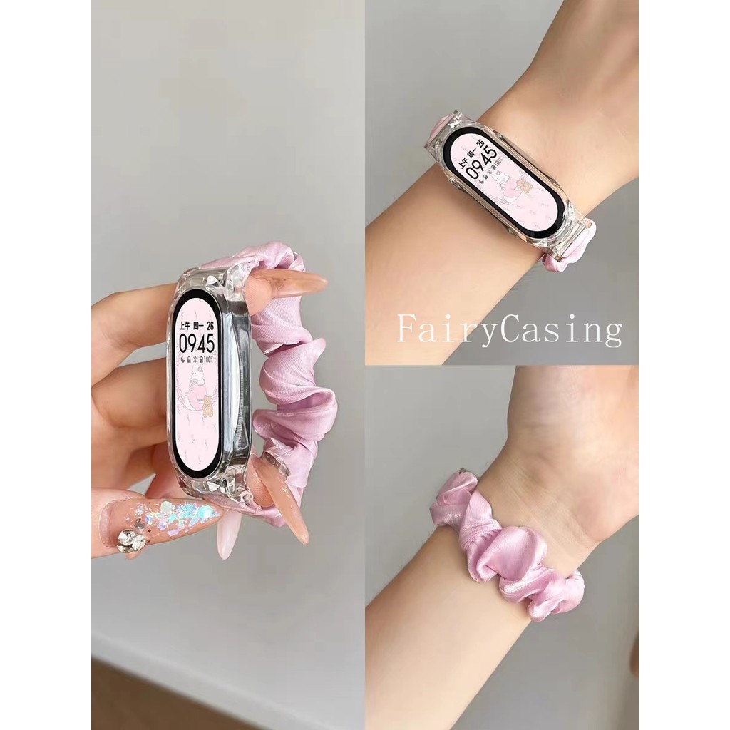Dây đeo cổ tay dây buộc tóc đàn hồi + Vỏ trong suốt cho Xiaomi Mi Band 10 9 8 7 Vòng đeo tay thay thế cho MiBand 3 4 5 6 Band