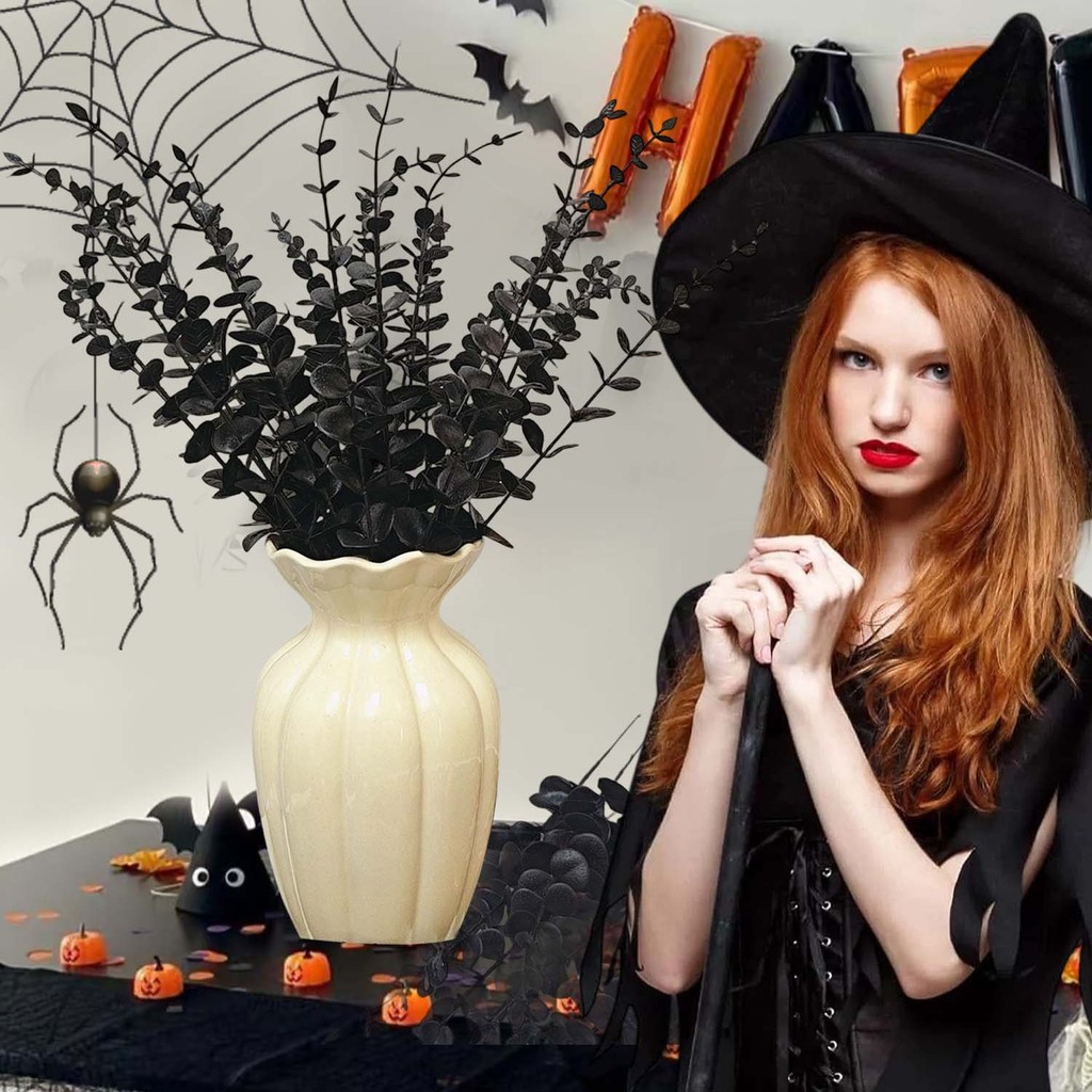 Đồ trang trí Halloween Lá bạch đàn màu đen nhân tạo 38cm Phong cách tối với thân dây có thể uốn cong - 10 / 40 CÁI Trang trí nhà cửa tiệc ma quái