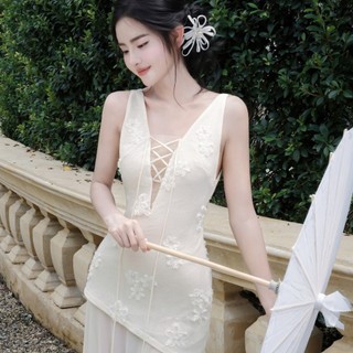 Đầm maxi dài ren hoa 3D Khiết Style phối dây đan mắt cáo màu kem, phong cách nàng thơ nhẹ nhàng KD289