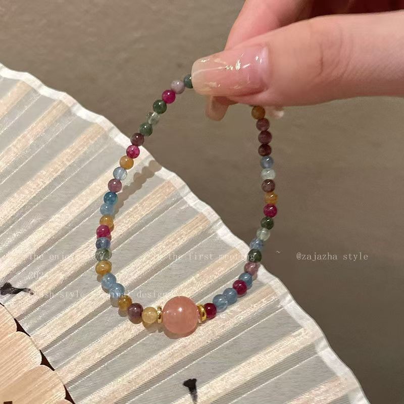Vòng tay đính cườm pha lê Tourmaline cầu vồng, thiết kế phong cách Trung Quốc cao cấp