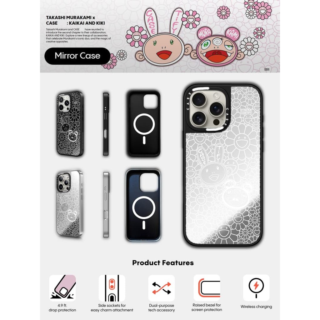CASECASE X KAIKAI VÀ KIKI FLOWER BLOSSOM MONO Case hút từ tính Vỏ iPhone Gương đen & bạc IPhone 16 15 14 13 12 Pro Max Plus Ốp lưng cứng có hộp khắc logo
