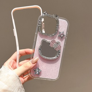 Sang Trọng Kim Cương Ống Kính Mèo Kitty Gương Ngôi Sao Lấp Lánh Bột 2in1 Ốp Lưng Điện Thoại iPhone 17Promax 16Promax 12 13 14 15 Pro Max 16Plus Silicon Chống Sốc Nữ Vỏ Di Động