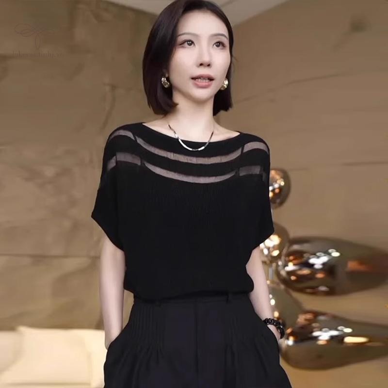 Áo thun nữ Hàn Quốc cổ tròn tay ngắn, thiết kế rỗng chắp, chất liệu dệt kim