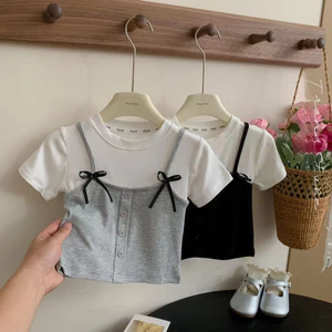 Thời Trang Mùa Hè Bé Gái Áo Thun Tay Ngắn Trẻ Em Khâu Bé Gái Thường Ngày Hàn Quốc Top
