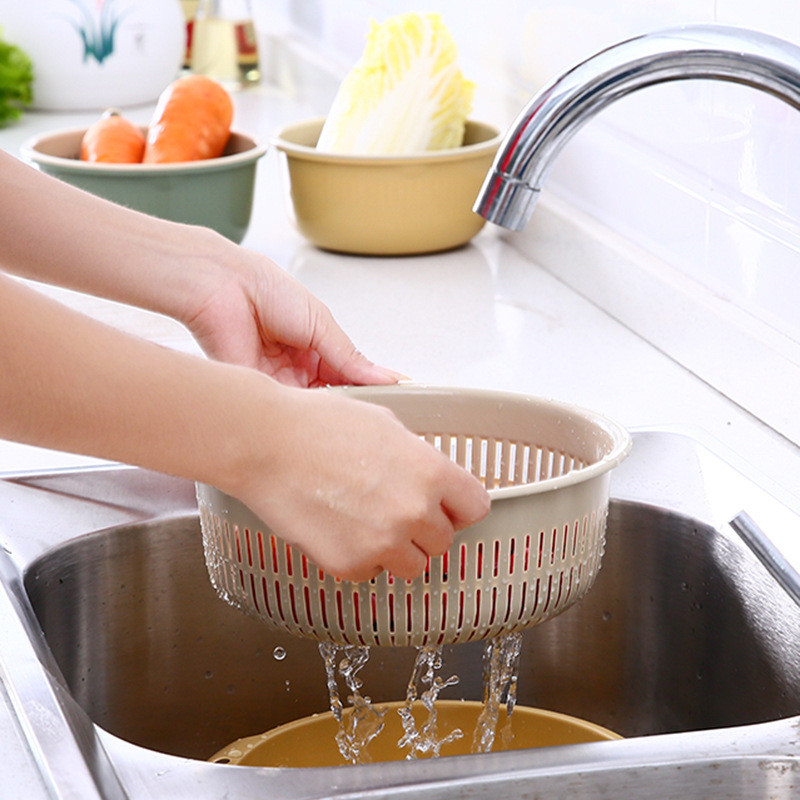Giỏ Xả Nhựa Nhà Bếp Rau Nhựa Giỏ Thoát Nước Hai Lớp Rau Rửa Trái Cây Màu Sắc Tương Phản Nhà Bếp Lưu Trữ Bán Buôn