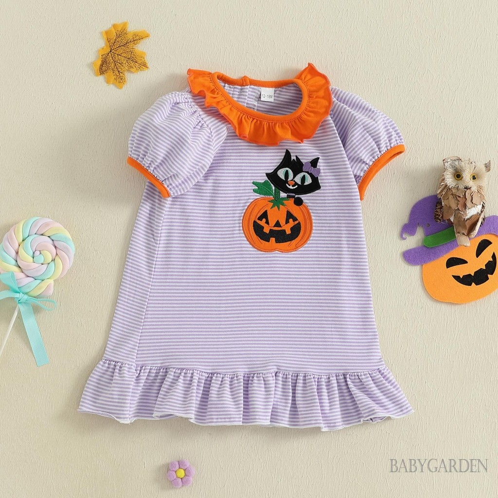 1-5 Tuổi Trẻ Em Bé Gái Halloween Sọc Đầm Bí Ngô Mèo Đen Thêu Tay Ngắn Xù Đầm Dễ Thương Mùa Thu Quần Áo