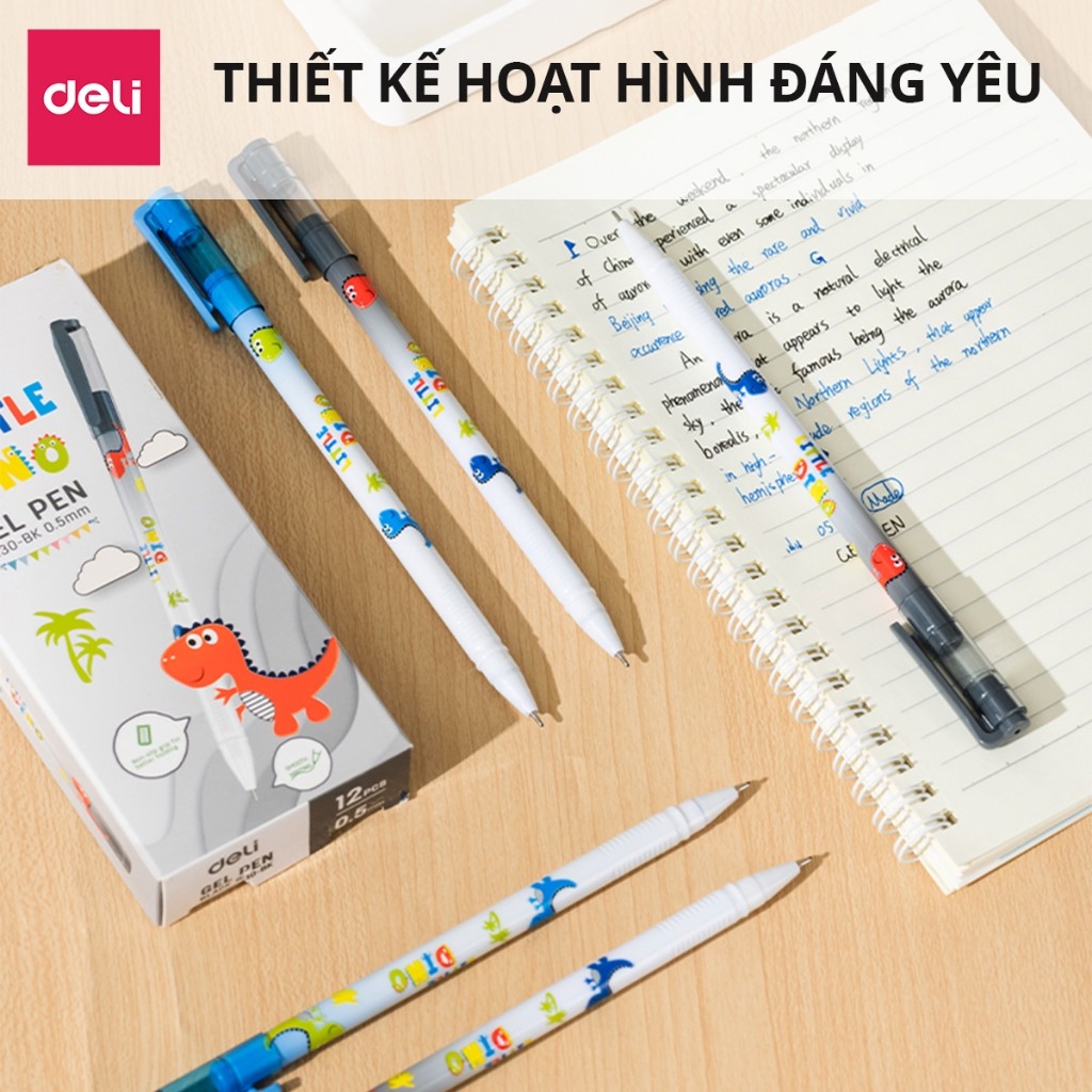 [QUÀ TẶNG] HỘP 12 Bút bi nước học sinh mực gel xanh đen 0.5mm Deli họa tiết khủng long nhanh khô