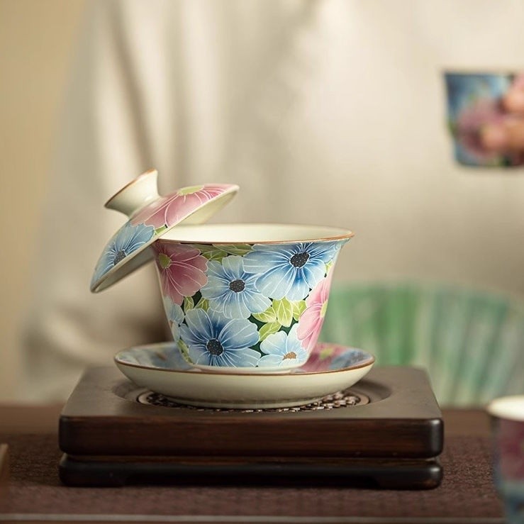 Ru Kiln Be Sancai Gaiwan Có Thể Treo Bộ Trà Kung Fu Thường Ngày Cốc Trà Gốm Giá Trị Cao Phong Cách Trung Hoa Mới Nam / Nữ Trà Cốc