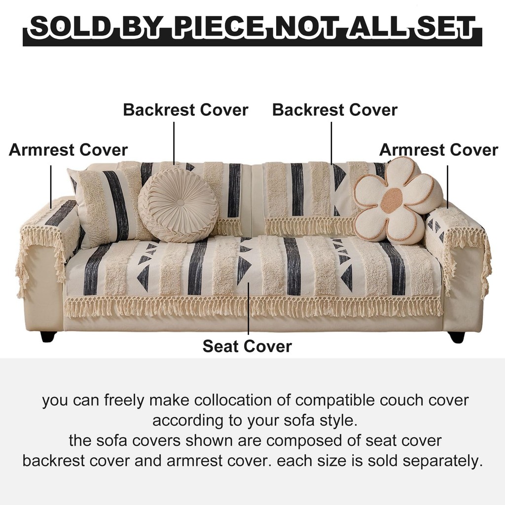 Boho Cotton Vải Lanh Sofa Có Tua Rua Handmade Trang Trại Mộc Mạc Dày Tufted Setcional Ghế Sofa Mềm Chống Trơn Trượt Trượt Có Thể Giặt Đồ Nội Thất Bảo Vệ