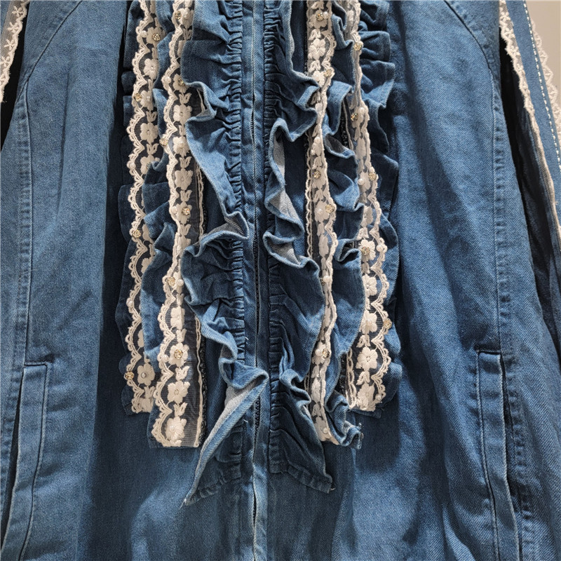 Áo khoác denim nữ cổ đứng, màu sắc tương phản, dây kéo rời, tay dài