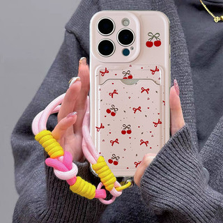 Nơ Anh Đào Lichee Ốp Lưng Điện Thoại iPhone 13 14 Pro Max 12 Mini Đựng Thẻ Ảnh Ví Có Dây Đeo Cổ Tay Dây Cặp Đôi Chống Rơi Mềm Mại