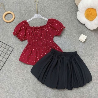 Set Áo Váy Bigsize Nữ Áo Peplum Vạt Xòe Dánh Babydoll Kèm Chân Váy Bí Cho Chubby 55-92kg A282-CV413