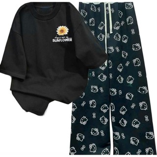Tổng hợp các sét bộ quần ống  HOẠ TIẾT MÈO+ mix áo phông hoa cúc  CHẤT COTTON MÁT-