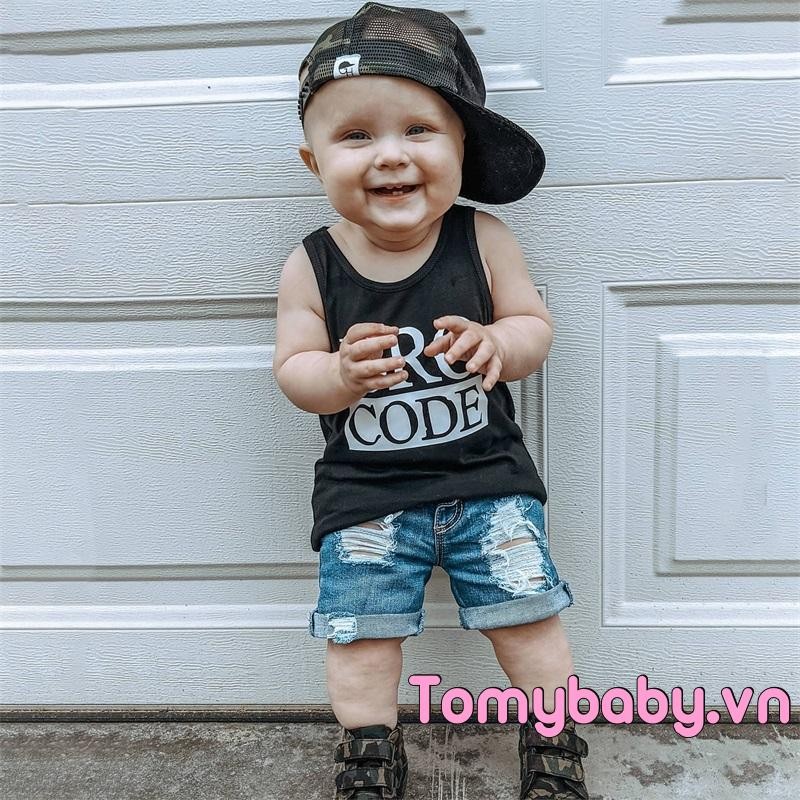 Bộ trang phục mùa hè cho bé trai cổ tròn không tay in chữ + Bộ quần short Denim rách