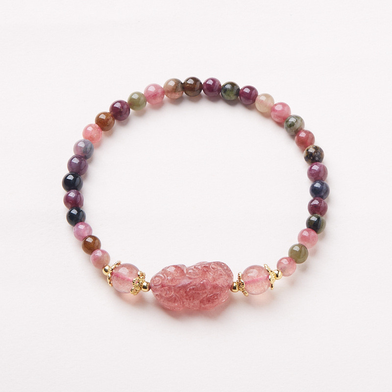 Tự Nhiên Cầu Vồng Tourmaline Vòng Tay Hồng Pixiu Chúc May Mắn Vòng Tay Nữ Bảy Màu Phong Cách Quốc Gia Mới Vòng Tay