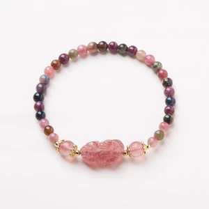 Tự Nhiên Cầu Vồng Tourmaline Vòng Tay Hồng Pixiu Chúc May Mắn Vòng Tay Nữ Bảy Màu Phong Cách Quốc Gia Mới Vòng Tay