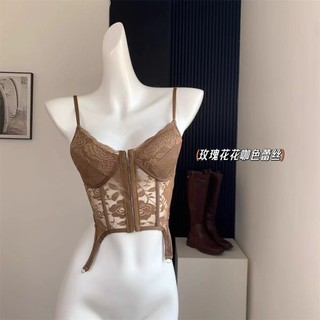 Châu Âu và Mỹ xương cá retro ren chắp vá áo vest yếm không đều vừa vặn, ngắn cay cô gái gợi cảm hàng đầu