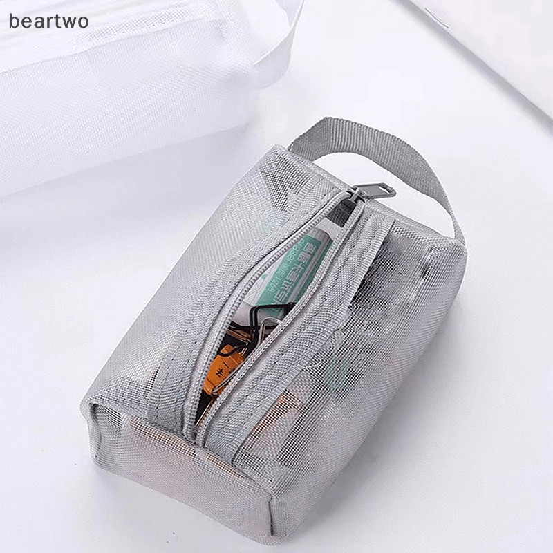 < Beartwo > Túi trang điểm lưới vuông nhỏ bằng Nylon đơn giản Ví đựng tiền xu ba chiều Key ID Thẻ tín dụng Túi đựng thẻ tín dụng Lưới dây kéo Túi lưu trữ đẹp