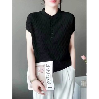 Áo len chui đầu kim cương có ve áo cao cấp 2024 Mùa hè Phong cách mới Slimer Look Loose Top