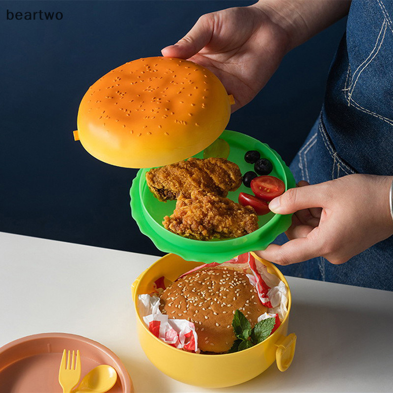 < Beartwo > Hộp Cơm Trưa Hamburger Hai Tầng Dễ Thương Burger Bento Hộp Lò Vi Sóng Trẻ Em Đi Học Hộp Đựng Thực Phẩm Nĩa Bộ Đồ Ăn Quà Tặng Đẹp
