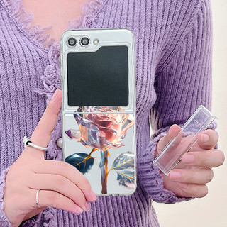 Ốp điện thoại Trong Suốt Họa Tiết Hoa Hồng Hồng Cho Samsung Galaxy Z Flip 6 Flip 5 Flip 4 Flip 3 Full Bản Lề Trong Suốt Cứng PC Gấp Ốp điện thoại Samsung Z Flip6 Flip5 Flip4 Flip3