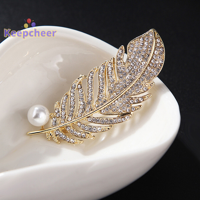 [Keepcheer] Trâm cài hình lá pha lê Ngọc trai Pin Huy hiệu Túi trang trí Trang sức đám cưới [Mới]