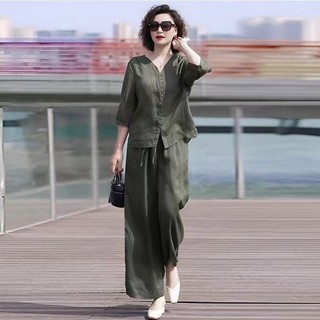 Bộ đồ cotton và vải lanh cho nữ bộ đồ hai món quần ống rộng cổ áo phong cách Hàn Quốc giản dị mùa hè mới 2024
