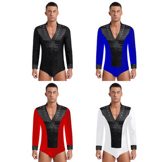 Yhong Nam Lấp Lánh Kim Cương Giả Leotard Cổ Chữ V Dài Tay Body Cho Khiêu Vũ Latin