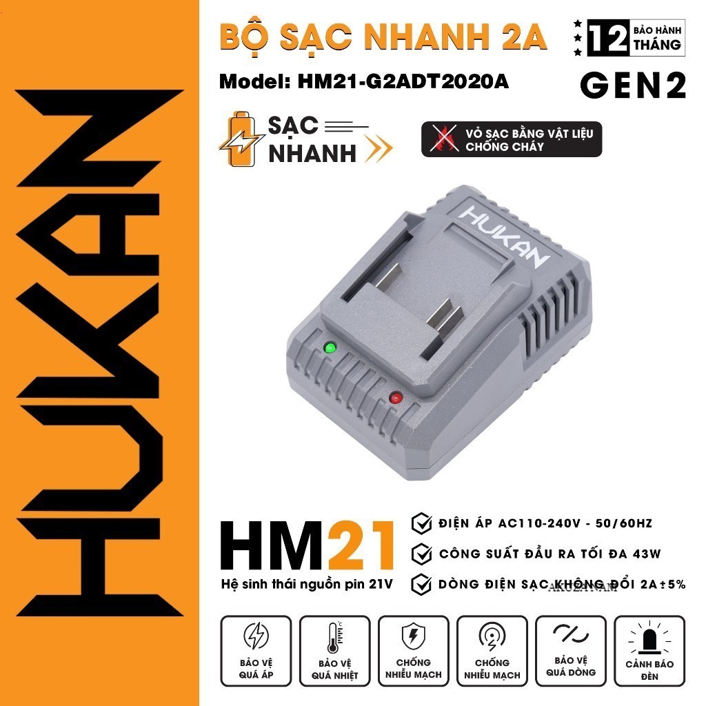 Sạc pin Hukan HM21-G2ADT202A 2ah dùng cho pin máy khoan, máy mài, máy ...