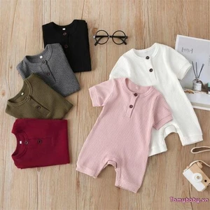 Bộ áo liền quần ngắn tay cho bé màu trơn đan gân cổ chữ O cho bé trai bé gái
