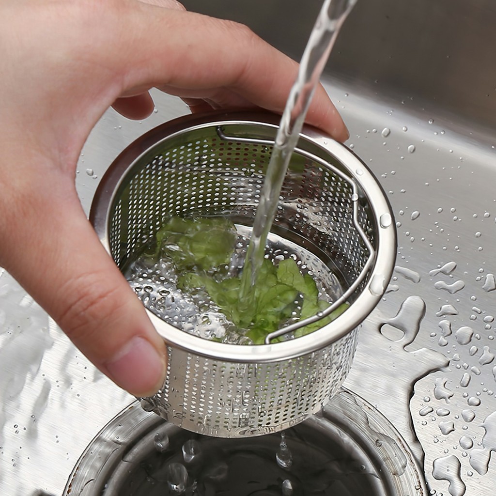 Giỏ lọc rác bồn rửa bát, lọc rác inox 304, loại cao cấp, có dây treo xách FE132