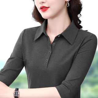 Cotton Nguyên Chất Cổ POLO Dài Tay Chính Hãng Vai Áo Thun Nữ Xuân Thu Phong Cách Mới Trung Niên Mẹ Mặc Tất Cả @