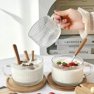 Set 2 cốc thuỷ tinh 450ml có quai hoạ tiết hoa cúc đồng xu sang trọng, dễ thương