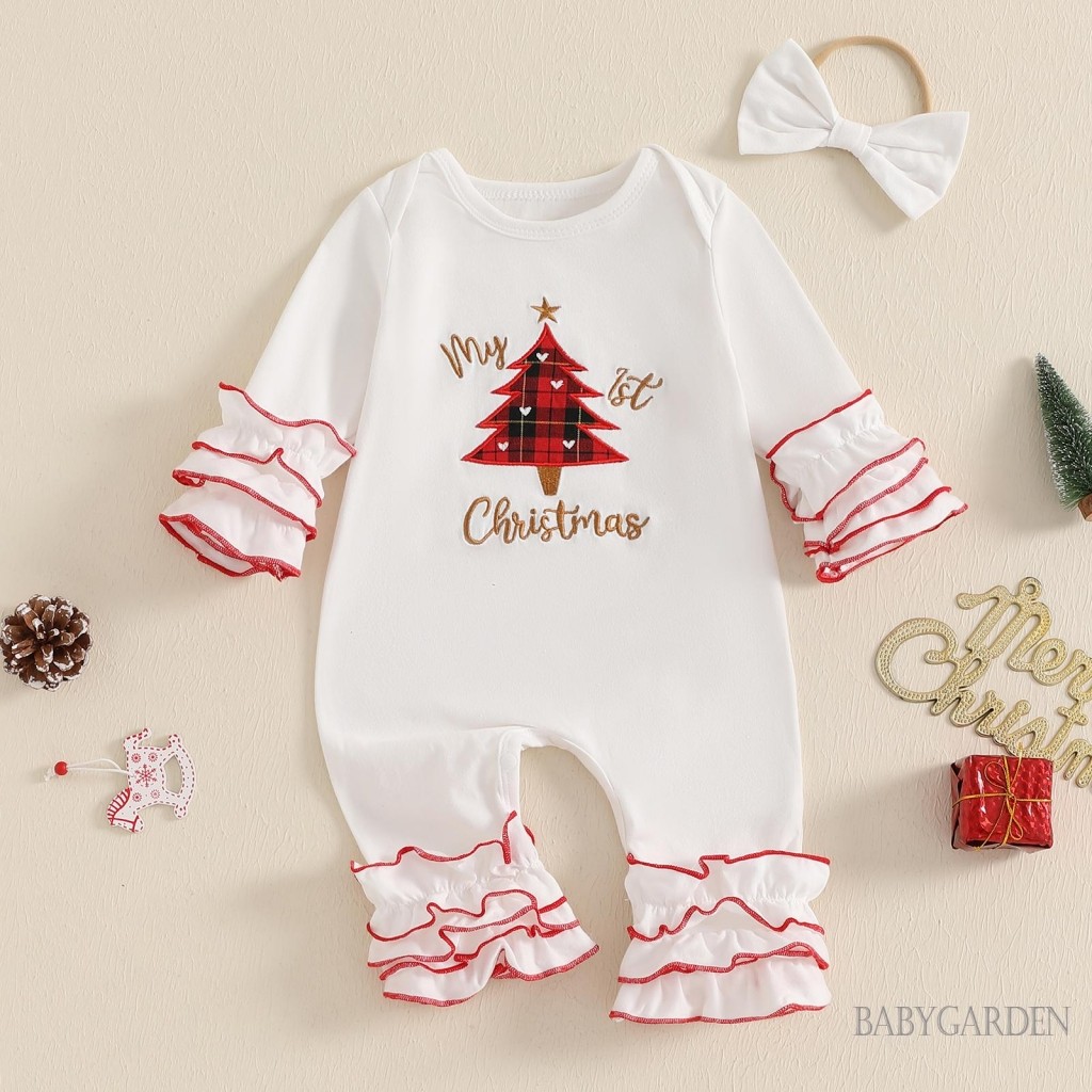 / / -Bộ Áo liền quần Giáng sinh cho bé gái sơ sinh Ông già Noel / Cây / Tuần lộc Xù áo liền quần cổ tròn dài tay