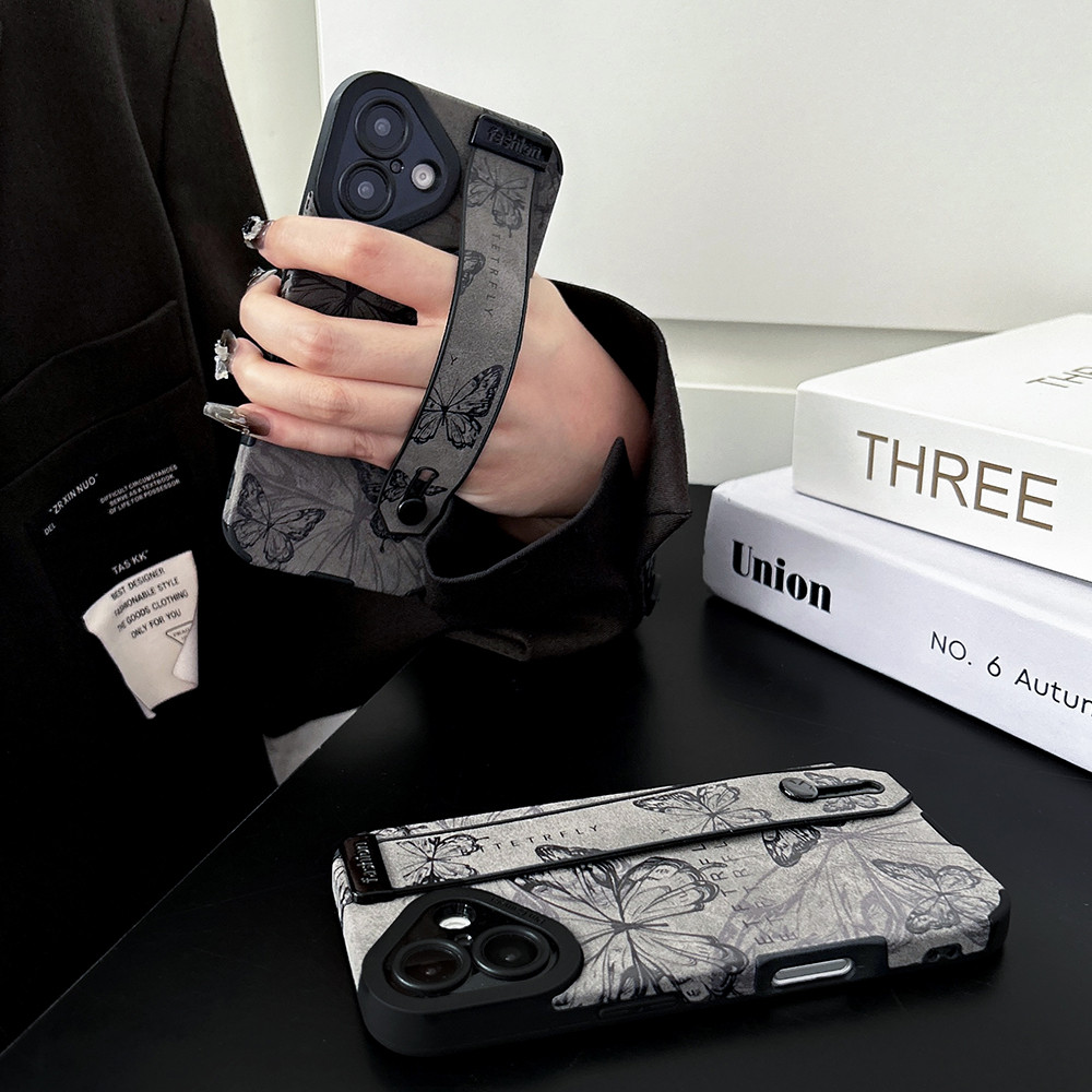 Dây đeo cổ tay Vỏ điện thoại da bướm cho iPhone 17 Pro Max 16 Plus 15 14 13 12 11 Vỏ bảo hiểm toàn diện Vỏ bảo vệ chống sốc