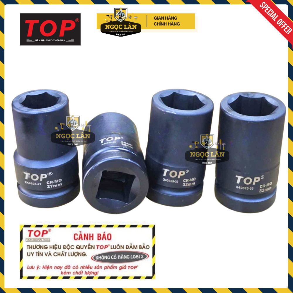 [Chính hãng TOP] Đầu tuýp, đầu khẩu TOP 1 inch đen 27mm, 30mm, 32mm, 33mm, 34mm, 36mm, 38mm, 41mm