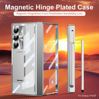 Có Bút Cảm Ứng Cho Samsung Galaxy Z Fold 7 6 5 4 3 Ốp Lưng Từ Tính Đôi Bản Lề Bút Khe Cắm Giá Đỡ Mạ Rõ Ràng Vỏ PC Kính Trước